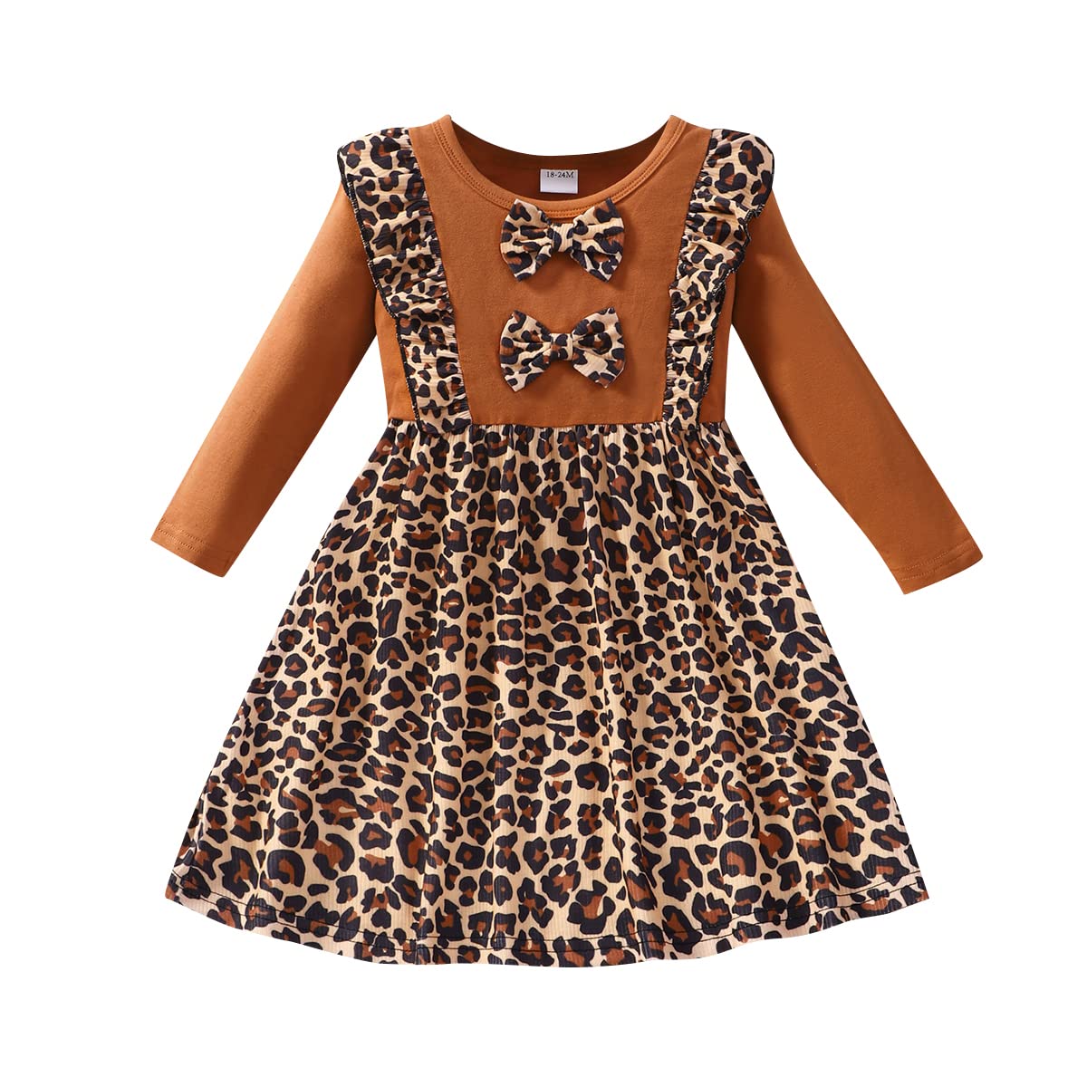 RETSUGO Girl Long Sleeve Winter Dresses Casual Splicing Ruffles Bowknot Dress for Baby Girls Kids Cute Leopard Print Outfit Dresses 1-6Years leopard print-1204-2T