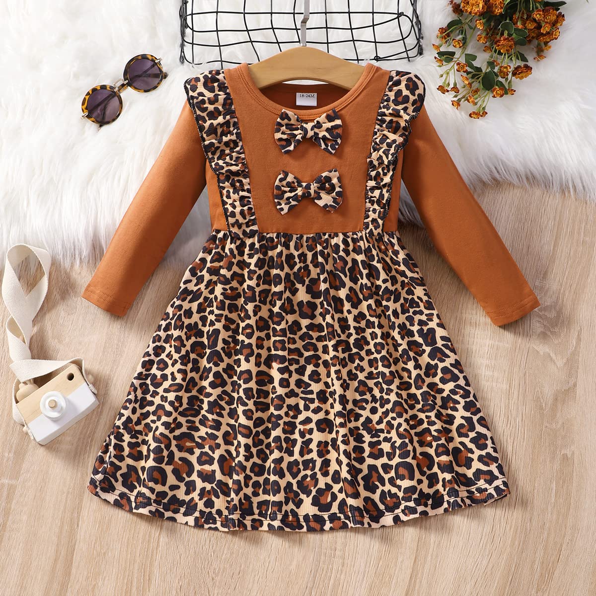 RETSUGO Girl Long Sleeve Winter Dresses Casual Splicing Ruffles Bowknot Dress for Baby Girls Kids Cute Leopard Print Outfit Dresses 1-6Years leopard print-1204-2T