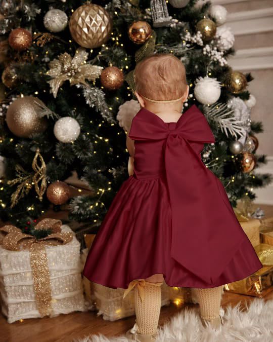 6M-8T Baby Girl Big Bowknot Birthday Pageant Dress Toddler Party Tutu Gown Baptism Dresses Burgundy 70