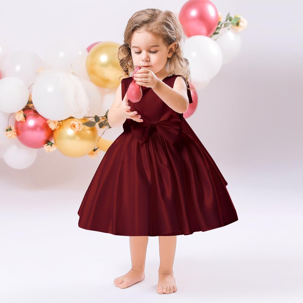 6M-8T Baby Girl Big Bowknot Birthday Pageant Dress Toddler Party Tutu Gown Baptism Dresses Burgundy 70