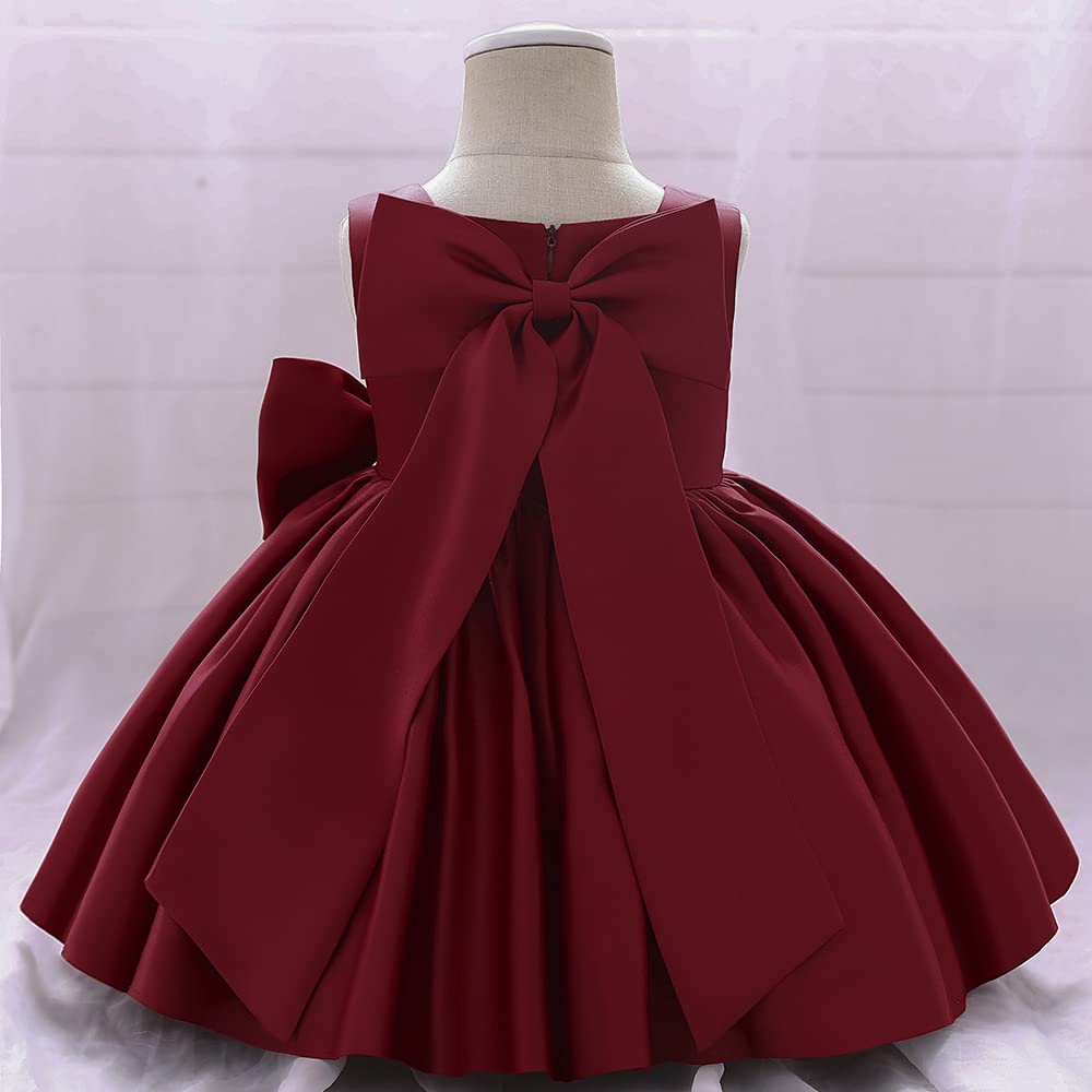 6M-8T Baby Girl Big Bowknot Birthday Pageant Dress Toddler Party Tutu Gown Baptism Dresses Burgundy 70