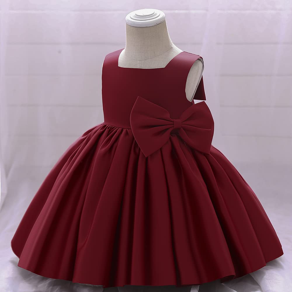 6M-8T Baby Girl Big Bowknot Birthday Pageant Dress Toddler Party Tutu Gown Baptism Dresses Burgundy 70