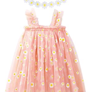 BGFKS Baby Girls Toddler Daisy Tutu Dress,Princess Party Dress with Soft Daisy Flower Headband.(Peach Pink,18 Months)