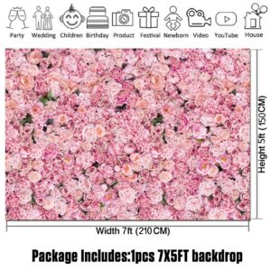 Pink Rose Flowers Wall Photo Background Girls Birthday Party Decoration Photography Backdrop for Valentine's Day Weeding Bridal Shower Anniversary Ceremony Decor Banner 7x5ft