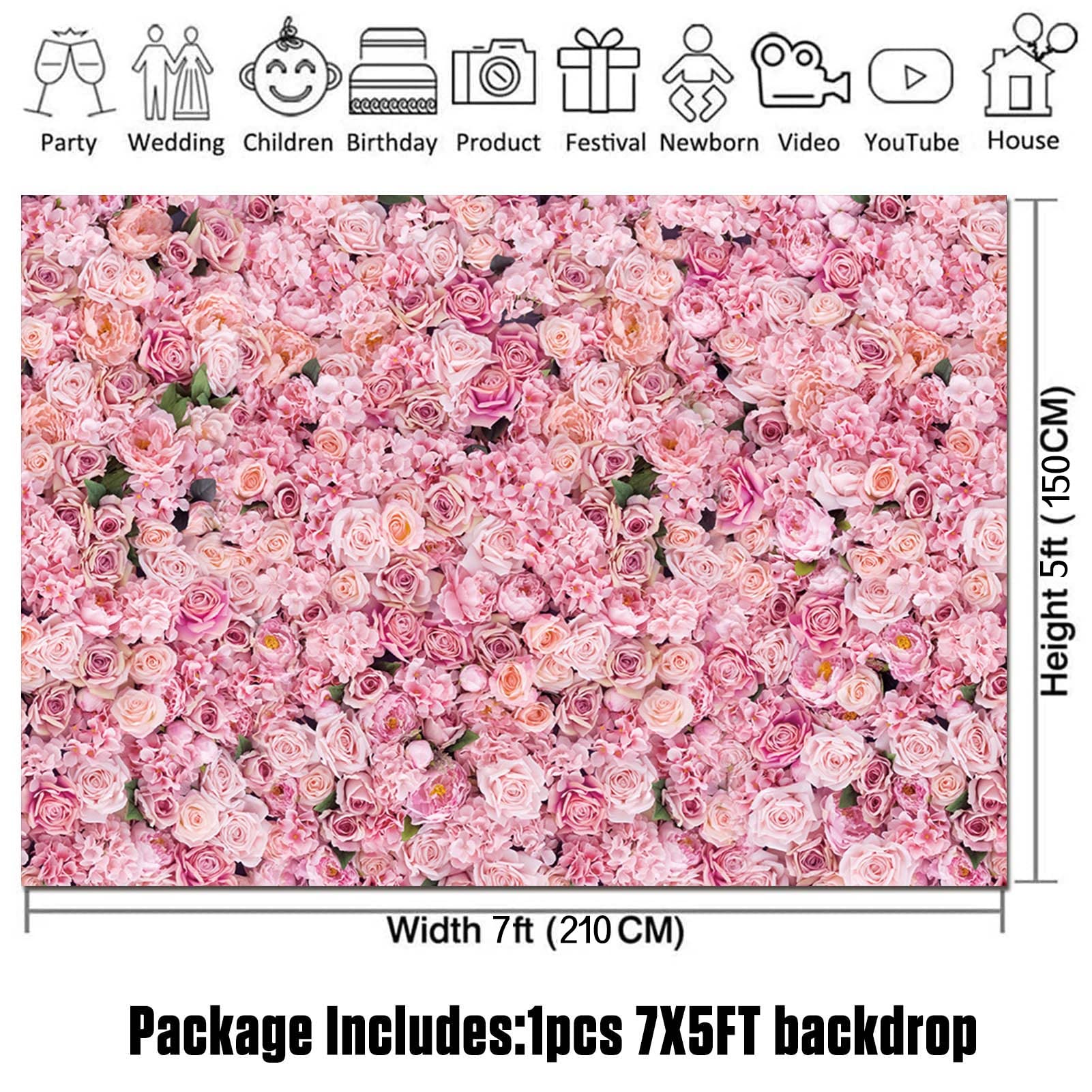 Pink Rose Flowers Wall Photo Background Girls Birthday Party Decoration Photography Backdrop for Valentine's Day Weeding Bridal Shower Anniversary Ceremony Decor Banner 7x5ft