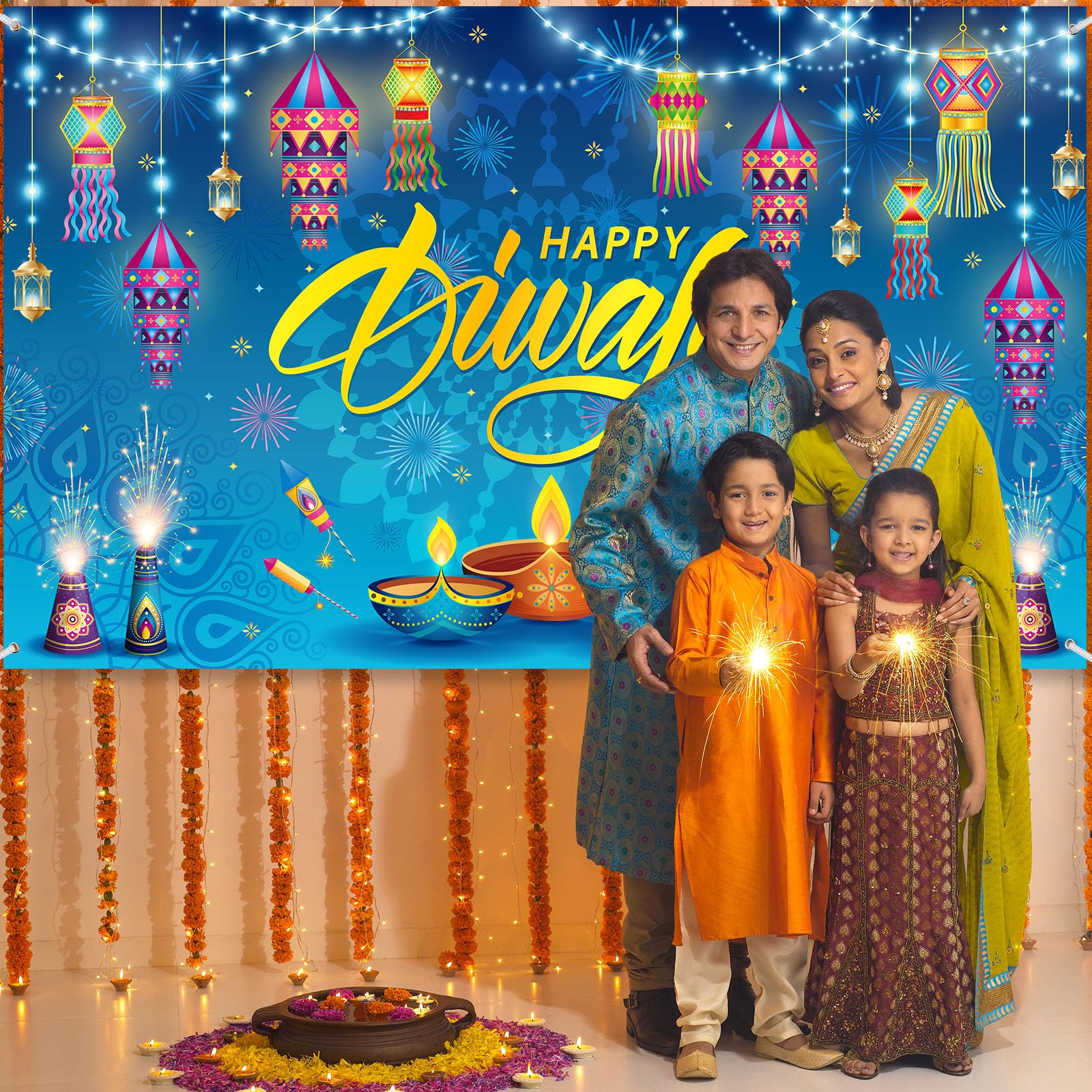 Happy Diwali Backdrop Banner Decorations 73*43 Inch Happy Diwali Banner Rangoli Lantern Photography Deepavali Photography Background for Outdoor Home Indian Festival of Lights Party Supplies(Vibrant)