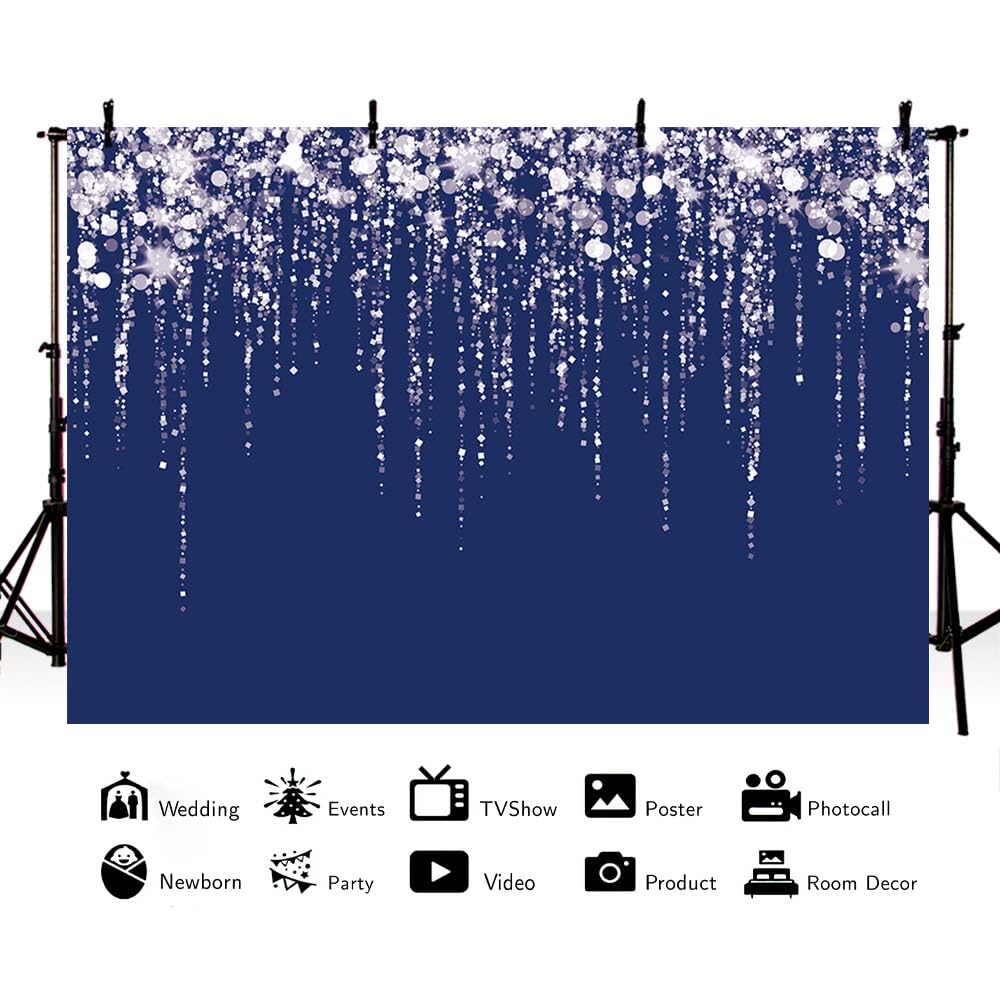 AIBIIN 10x7ft Navy Blue Glitter Backdrop Birthday Party Decorations Silver Sequins Dots Photography Background Wedding Bridal Shower Party Decor for Women Photo Shoot Props Cake Table Banner