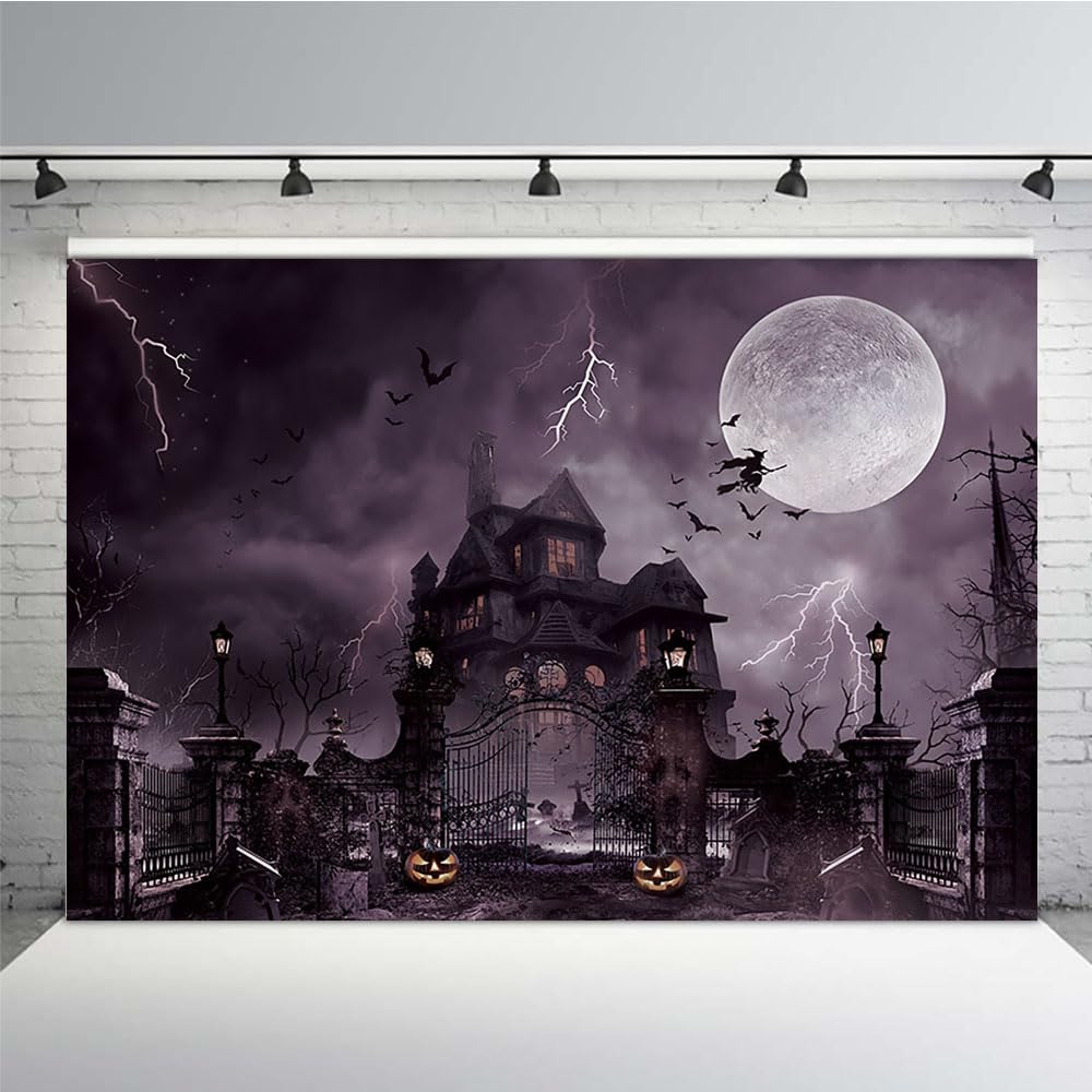 MEHOFOND 8x6ft Halloween Photography Backdrop Haunted House Moon Night Gates Purple Scary Cemetery Pumpkin Background Horrible Scary Cemetery Vampire Party Decorations Banner Photo Studio Props