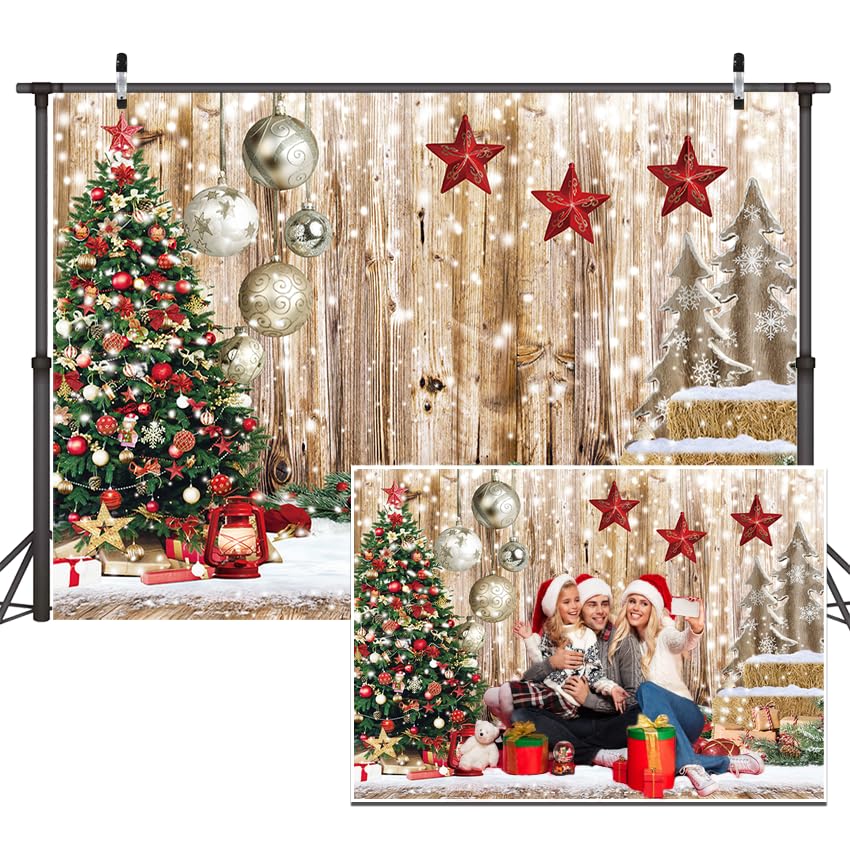 Dudaacvt 7x5Ft Christmas Backdrop Xmas Tree Gift Snow Vintage Wooden Floor Backdrop New Year Party Background Christmas House Party Background D679