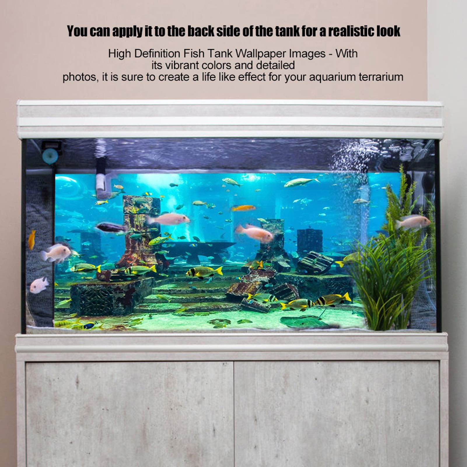 Aquarium Poster, Underwater City Ruins Background Sticker Thicken PVC Adhesive Backdrop Fish Decorative Paper(61×41cm)