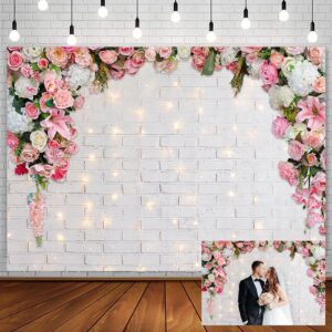 AIBIIN 7x5ft White Flowers Wall Pink Floral Photography Backdrop for Wedding Bridal Shower Engagement Ceremony Photo Background Baby Girl Birthday Party Portrait Cake Table Decor Photo Booth Studio