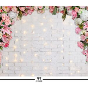 AIBIIN 7x5ft White Flowers Wall Pink Floral Photography Backdrop for Wedding Bridal Shower Engagement Ceremony Photo Background Baby Girl Birthday Party Portrait Cake Table Decor Photo Booth Studio