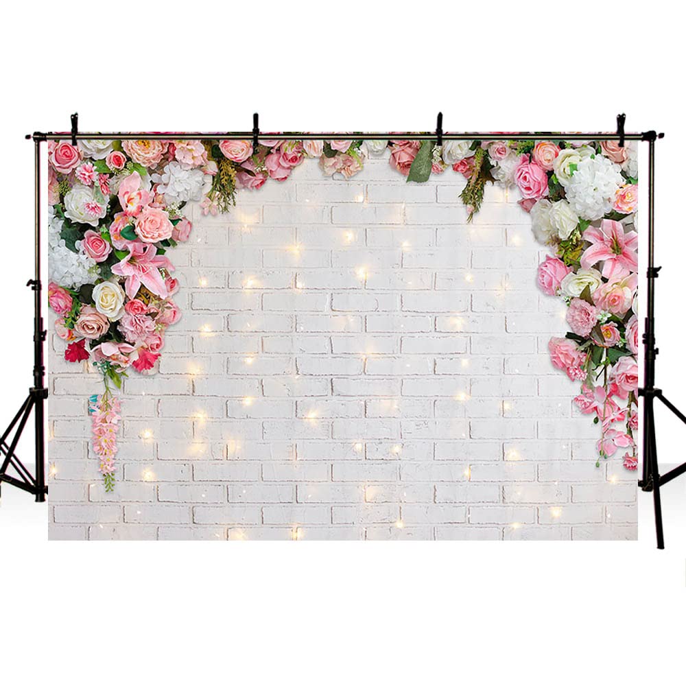 AIBIIN 7x5ft White Flowers Wall Pink Floral Photography Backdrop for Wedding Bridal Shower Engagement Ceremony Photo Background Baby Girl Birthday Party Portrait Cake Table Decor Photo Booth Studio