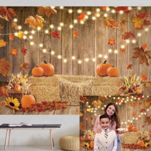 Fall Pumpkin Photography Backdrop 8x6FT Autumn Thanksgiving Harvest Hay Glitter Wooden Background Maple Sunflowers Newborn Baby Shower Banner Party Decorations Photo Booth Props