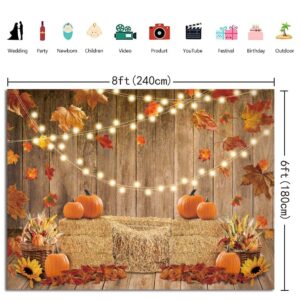 Fall Pumpkin Photography Backdrop 8x6FT Autumn Thanksgiving Harvest Hay Glitter Wooden Background Maple Sunflowers Newborn Baby Shower Banner Party Decorations Photo Booth Props