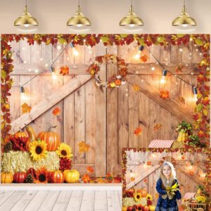 Fall Harvest Barn Backdrop Autumn Thanksgiving Wooden Farm Door Photography Background Rustic Pumpkin Maple Leaves Baby Shower Birthday Party Decorations Supplies 7x5FT