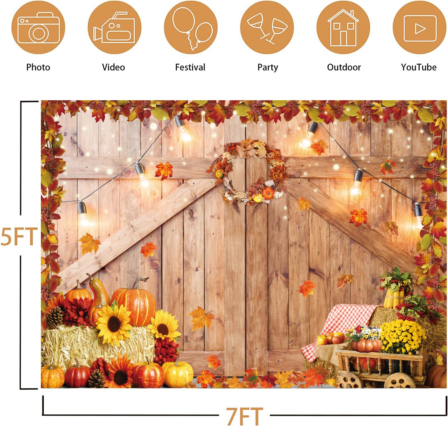 Fall Harvest Barn Backdrop Autumn Thanksgiving Wooden Farm Door Photography Background Rustic Pumpkin Maple Leaves Baby Shower Birthday Party Decorations Supplies 7x5FT