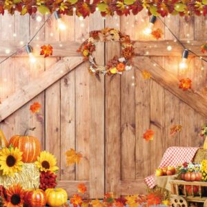 Fall Harvest Barn Backdrop Autumn Thanksgiving Wooden Farm Door Photography Background Rustic Pumpkin Maple Leaves Baby Shower Birthday Party Decorations Supplies 7x5FT