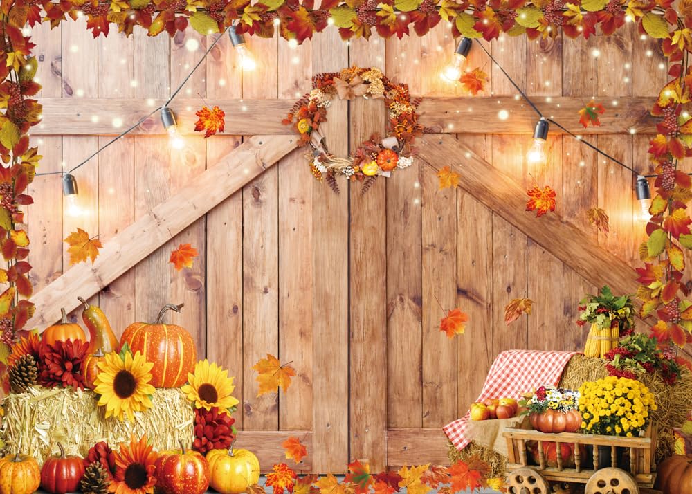 Fall Harvest Barn Backdrop Autumn Thanksgiving Wooden Farm Door Photography Background Rustic Pumpkin Maple Leaves Baby Shower Birthday Party Decorations Supplies 7x5FT