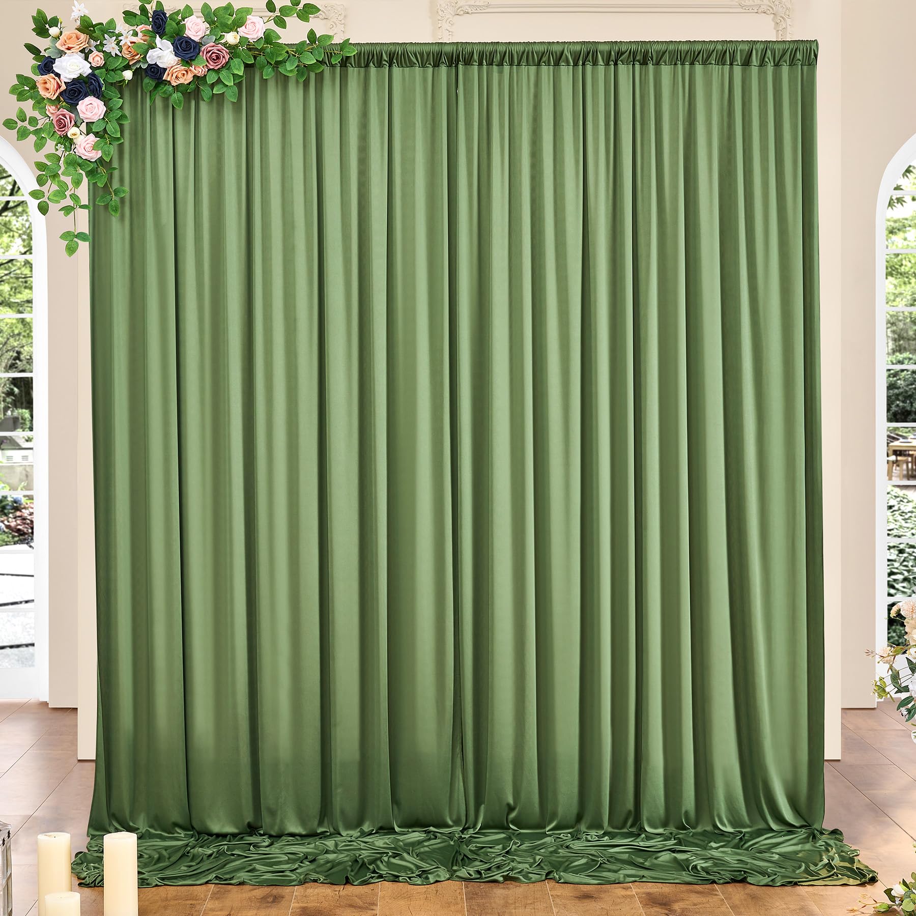 10ft x 10ft Wrinkle Free Olive Green Backdrop Curtains for Parties, Polyester Green Photo Backdrop Drapes 2 Panels 5x10ft for Wedding Birthday Party Photography Background Backdrop Stand