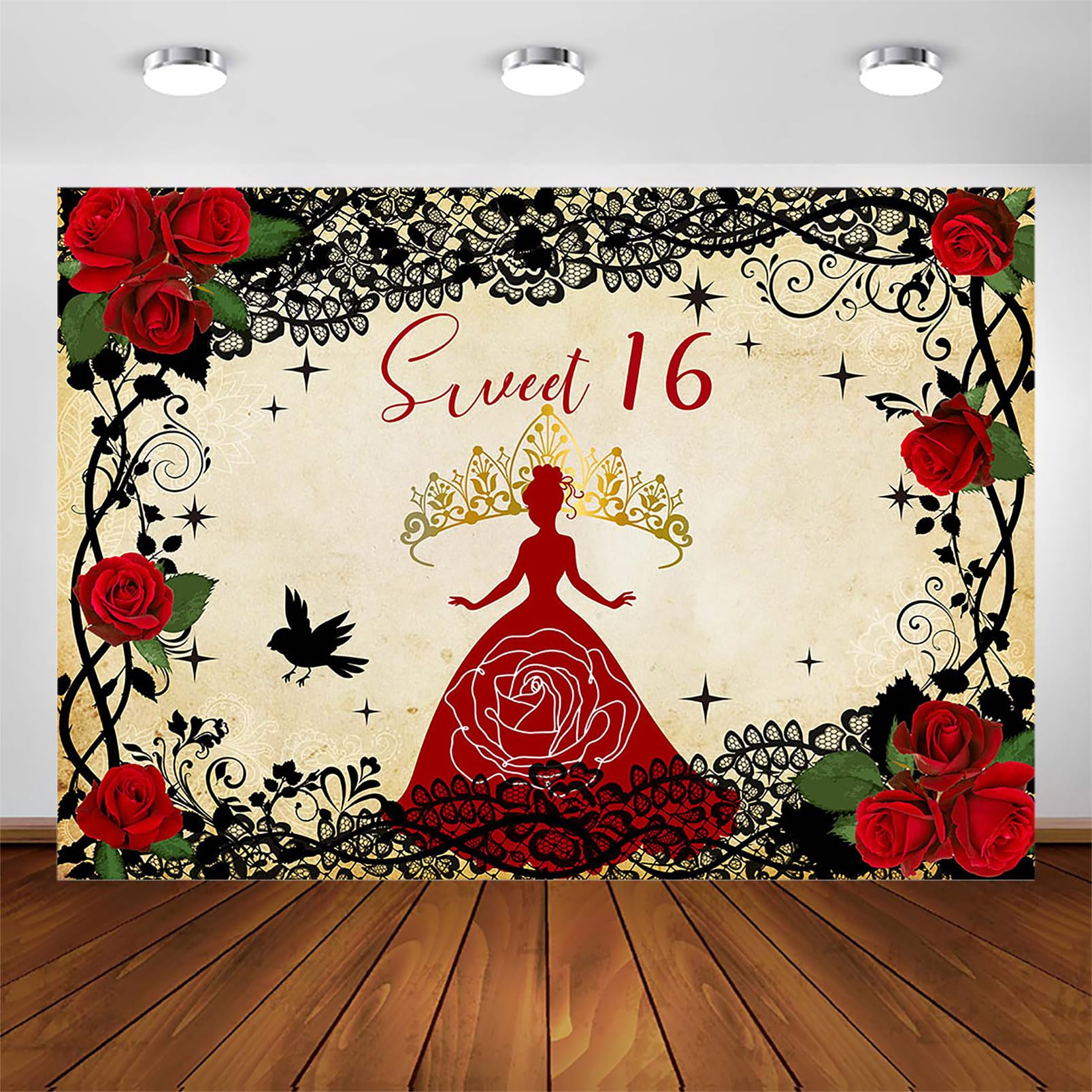 Avezano Sweet 16 Backdrop Retro Rose Gothic Princess Theme Birthday Party Decorations Black and Red 16th Birthday Photography Background Girls Bar Mitzvah Crown Photo Booth Banner (7x5ft)