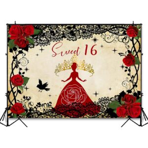 Avezano Sweet 16 Backdrop Retro Rose Gothic Princess Theme Birthday Party Decorations Black and Red 16th Birthday Photography Background Girls Bar Mitzvah Crown Photo Booth Banner (7x5ft)