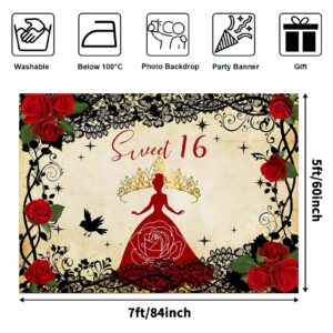 Avezano Sweet 16 Backdrop Retro Rose Gothic Princess Theme Birthday Party Decorations Black and Red 16th Birthday Photography Background Girls Bar Mitzvah Crown Photo Booth Banner (7x5ft)