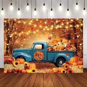 Avezano Fall Forest Blue Truck Photography Backdrop Autumn Harvest Pumpkin Maple Leaves Background Thanksgiving Party Decorations Photo Banner Props(7x5ft)