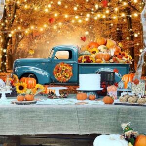 Avezano Fall Forest Blue Truck Photography Backdrop Autumn Harvest Pumpkin Maple Leaves Background Thanksgiving Party Decorations Photo Banner Props(7x5ft)