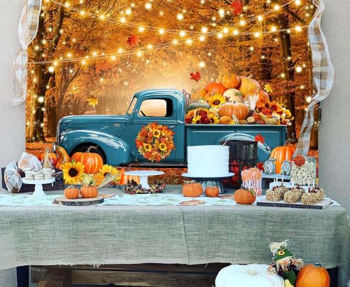 Avezano Fall Forest Blue Truck Photography Backdrop Autumn Harvest Pumpkin Maple Leaves Background Thanksgiving Party Decorations Photo Banner Props(7x5ft)