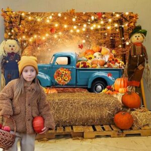 Avezano Fall Forest Blue Truck Photography Backdrop Autumn Harvest Pumpkin Maple Leaves Background Thanksgiving Party Decorations Photo Banner Props(7x5ft)