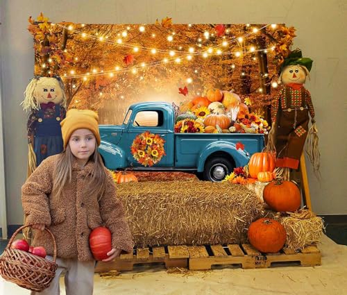 Avezano Fall Forest Blue Truck Photography Backdrop Autumn Harvest Pumpkin Maple Leaves Background Thanksgiving Party Decorations Photo Banner Props(7x5ft)