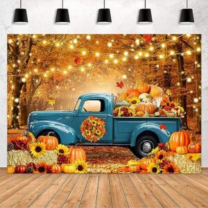 Avezano Fall Forest Blue Truck Photography Backdrop Autumn Harvest Pumpkin Maple Leaves Background Thanksgiving Party Decorations Photo Banner Props(7x5ft)