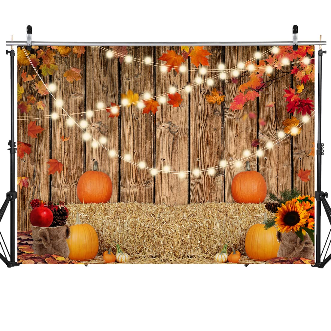 SJOLOON Fall Pumpkin Backdrop Wood Floor with Fall Leaves Background Thanksgiving Day Photo Backdrop for Baby Shower Party Decoration Studio Props 12344 (8x6FT)