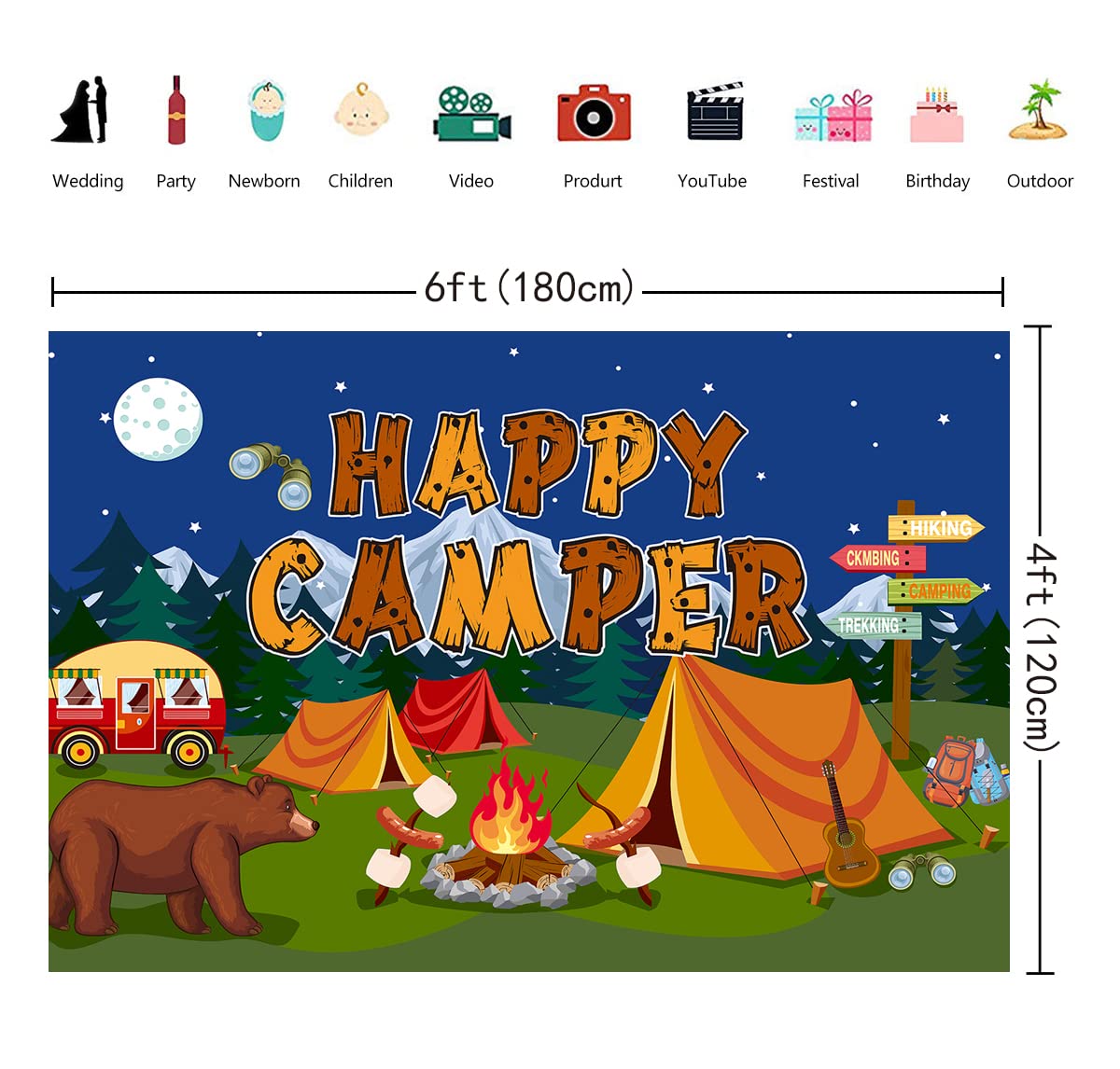 Camping Backdrop Forest Camping Adventure Happy Camper Photography Backdrops for Camping Birthday Party Decoration Camping Theme Photo Background (6x4ft(70x40inch))