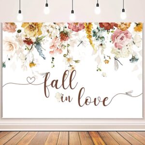 AIBIIN Fall in Love Backdrop Autumn Wedding Background Banner for Bridal Shower Party Decorations Colourful Floral Marry Anniversary Cake Table Banner Photo Booth Props 7x5ft