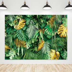 riyidecor jungle green tropical palm leaves backdrop polyester fabric golden leaf plants safari nature summer hawaiian 7wx5h feet photography background for birthday baby shower photo studio shoot