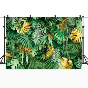 Riyidecor Jungle Green Tropical Palm Leaves Backdrop Polyester Fabric Golden Leaf Plants Safari Nature Summer Hawaiian 7Wx5H Feet Photography Background for Birthday Baby Shower Photo Studio Shoot