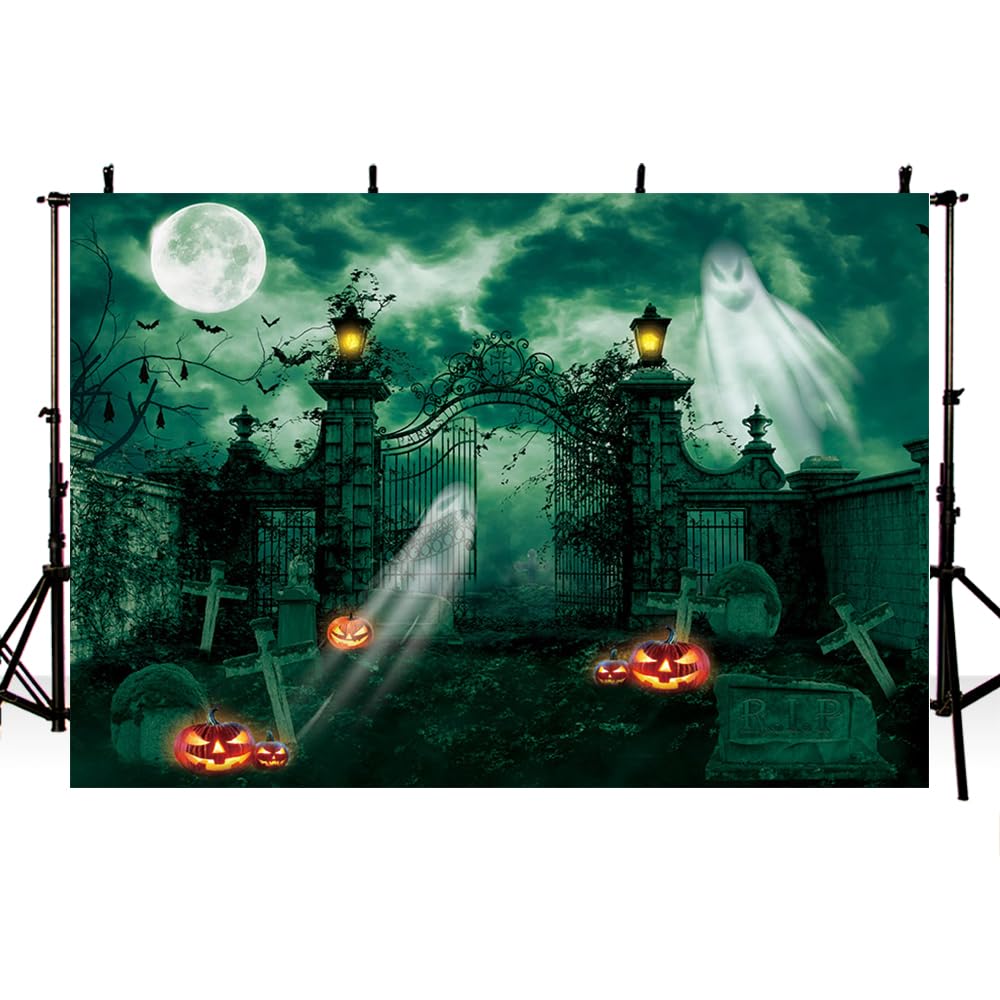 MEHOFOND 10X7ft Halloween Haunted Graveyard Green Photography Backdrop Ghost Lantern Gothic Night Spooky Cemetery Gate Terror Desolate Background Horror Party Banner Decorations Kid Shoot Booth Props