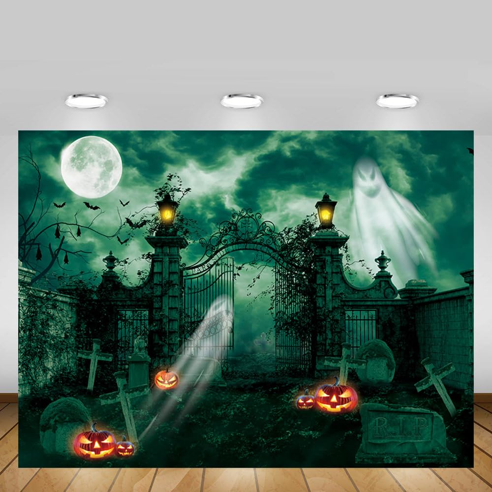 MEHOFOND 10X7ft Halloween Haunted Graveyard Green Photography Backdrop Ghost Lantern Gothic Night Spooky Cemetery Gate Terror Desolate Background Horror Party Banner Decorations Kid Shoot Booth Props