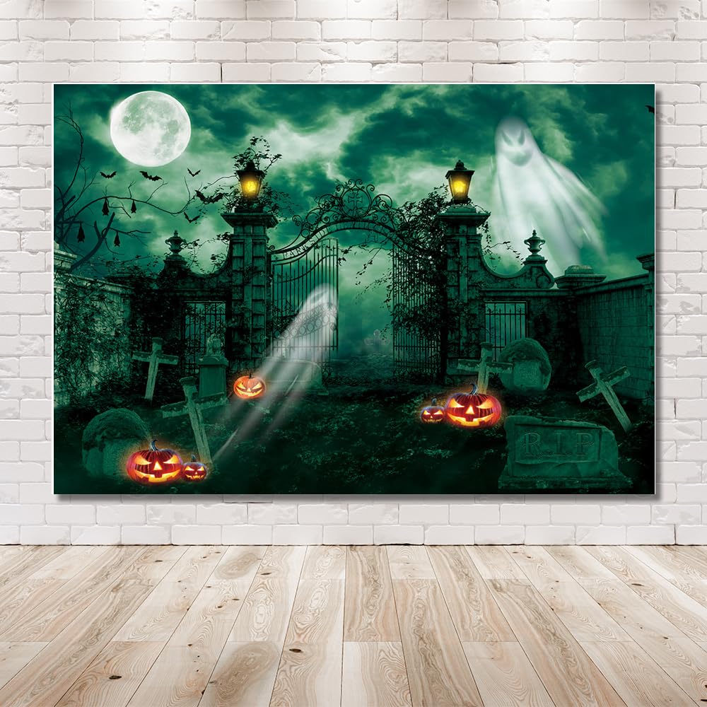 MEHOFOND 10X7ft Halloween Haunted Graveyard Green Photography Backdrop Ghost Lantern Gothic Night Spooky Cemetery Gate Terror Desolate Background Horror Party Banner Decorations Kid Shoot Booth Props