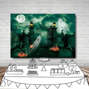 MEHOFOND 10X7ft Halloween Haunted Graveyard Green Photography Backdrop Ghost Lantern Gothic Night Spooky Cemetery Gate Terror Desolate Background Horror Party Banner Decorations Kid Shoot Booth Props