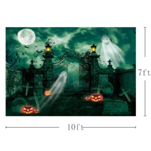 MEHOFOND 10X7ft Halloween Haunted Graveyard Green Photography Backdrop Ghost Lantern Gothic Night Spooky Cemetery Gate Terror Desolate Background Horror Party Banner Decorations Kid Shoot Booth Props