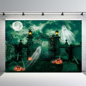 MEHOFOND 10X7ft Halloween Haunted Graveyard Green Photography Backdrop Ghost Lantern Gothic Night Spooky Cemetery Gate Terror Desolate Background Horror Party Banner Decorations Kid Shoot Booth Props