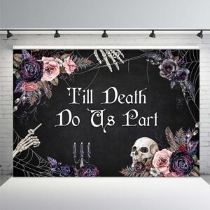 MEHOFOND 7x5ft Halloween Till Death Do Us Part Backdrop Couple Wedding Bachelorette Party Decoration Supplies Skull Mr and Mrs Bridal Shower Bride and Groom Background Banner Photo Studio Props