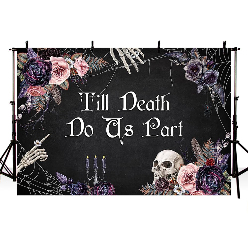 MEHOFOND 7x5ft Halloween Till Death Do Us Part Backdrop Couple Wedding Bachelorette Party Decoration Supplies Skull Mr and Mrs Bridal Shower Bride and Groom Background Banner Photo Studio Props