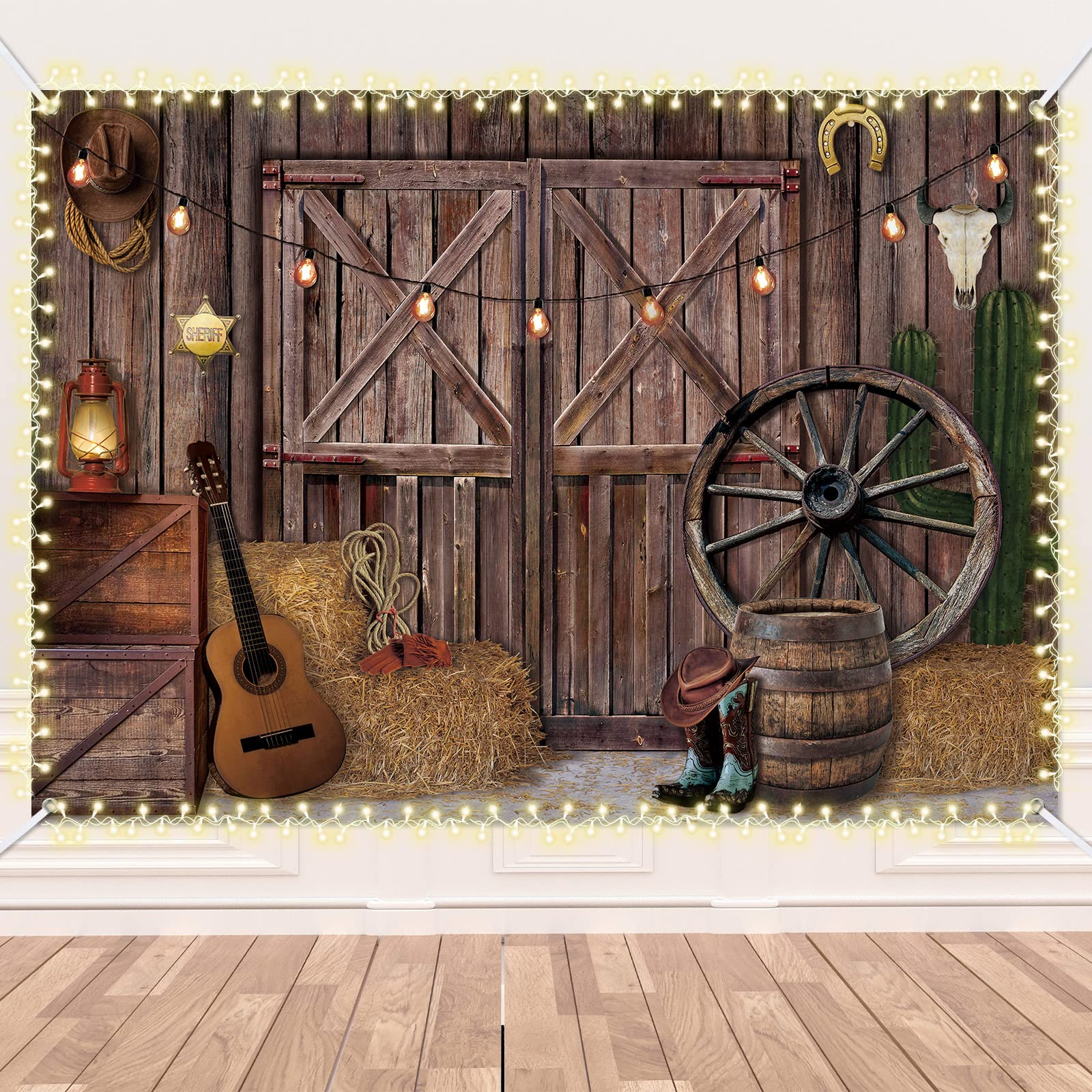 Oudain 7 x 5 ft Western Cowboy Backdrop Large Western Party Background Polyester Wild West House Barn Photo Banner for Kids Boy Western Cowboy Theme Birthday Party Photo Prop Booth Supplies Decor