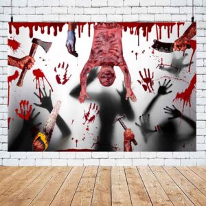 MEHOFOND 7x5ft Halloween Bloody Backdrop Halloween Horrible Party Photography Background Bloody Hand Bloody Body Axes Hammers Saws Knives for Halloween Scary Party Decorations Photo Booth Props