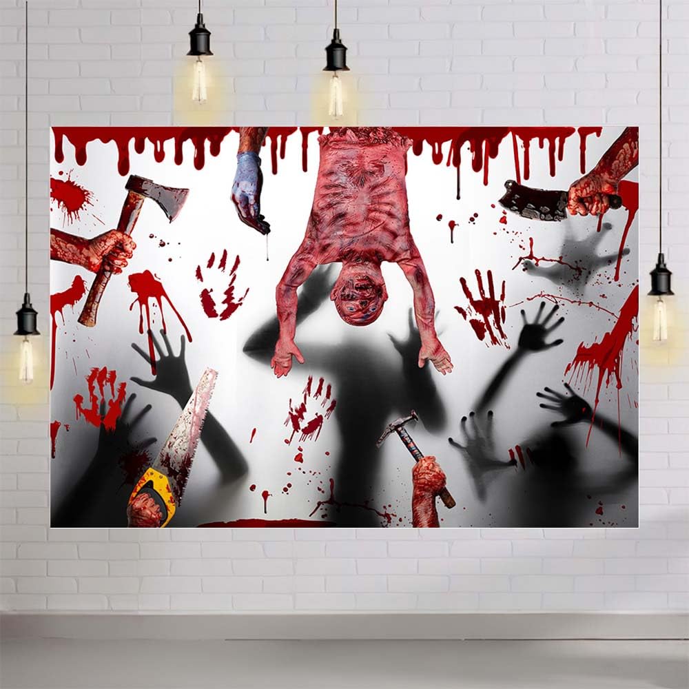 MEHOFOND 7x5ft Halloween Bloody Backdrop Halloween Horrible Party Photography Background Bloody Hand Bloody Body Axes Hammers Saws Knives for Halloween Scary Party Decorations Photo Booth Props