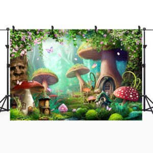 Riyidecor Enchanted Backdrop Polyester Fabric Mushroom Fairy Tale Wonderland Green Tree Fantasy Garden Flower Butterfly 7Wx5H Feet Girls Woman Bday Photography Background Photo Studio Shoot